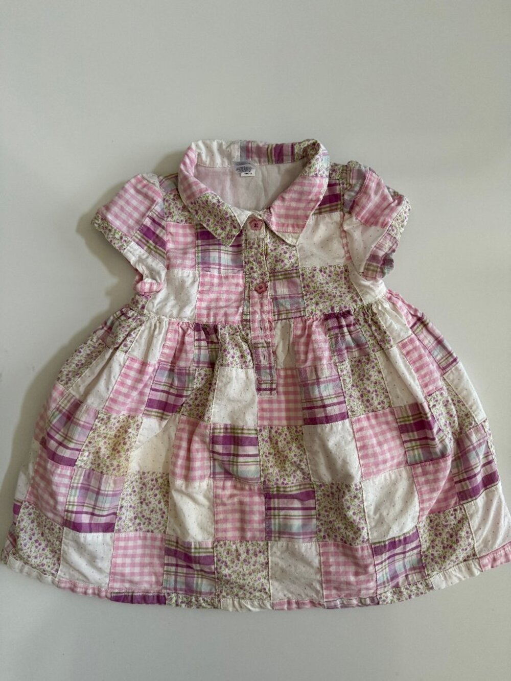 VINTAGE BABY GAP Pink Floral Patchwork Gingham Dress Infant 6-12M